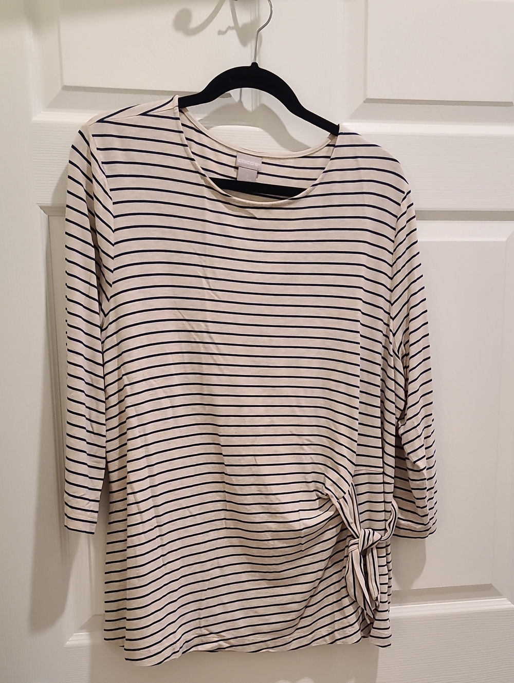 Chico's Cream and Navy Striped 3/4 Sleeve Knot-Side Top